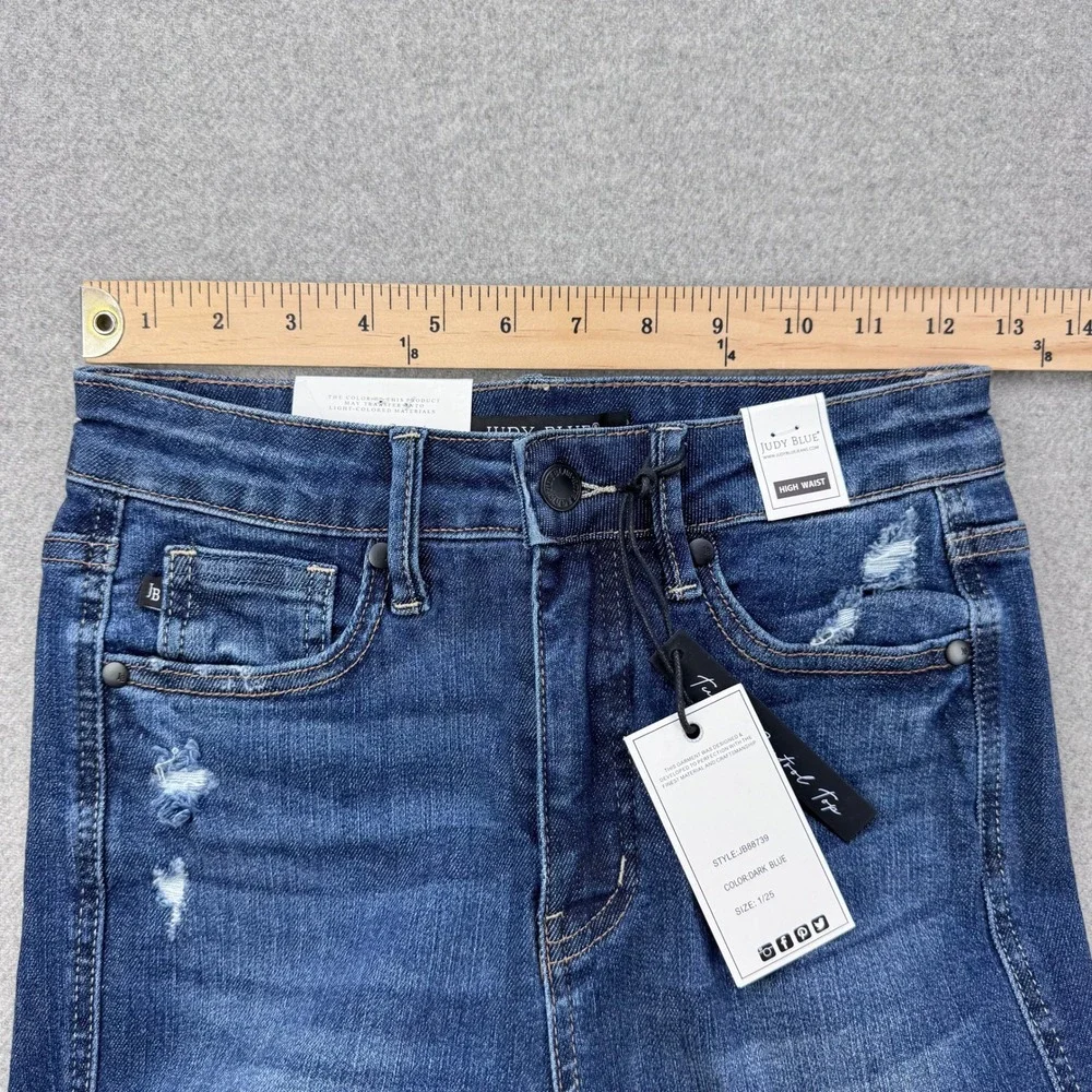 Judy Blue High Rise Control Top Distressed Flare Jeans Womens 1/25 Dark Blue NWT